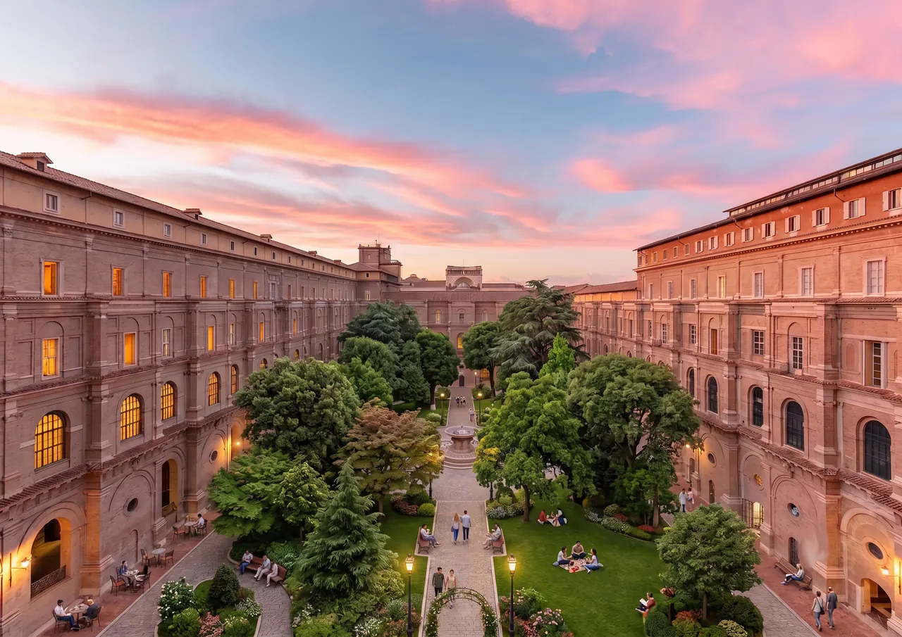 The same courtyard, the same buildings and the same sunset, reimagined with the asphalt replaced by a garden: mature trees down both sides, lawns, gravel paths and lamps around the fountain, with people walking, sitting on the grass and eating at tables in the arcades.
