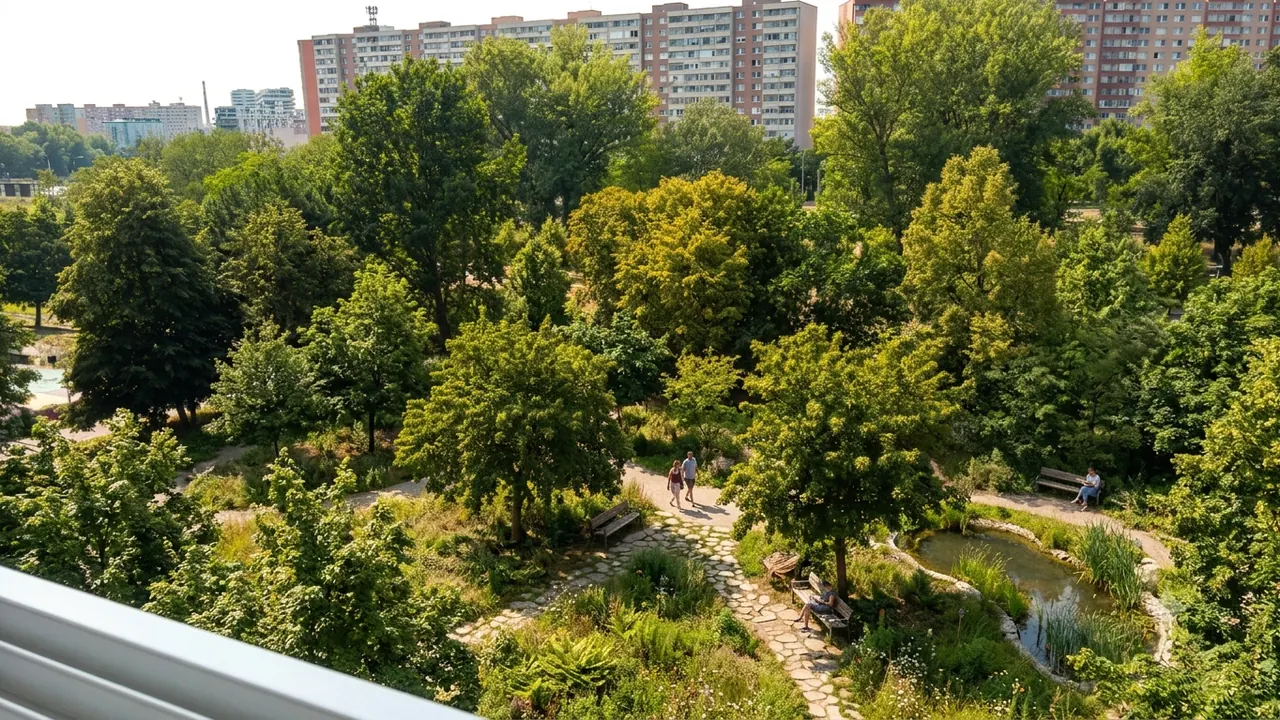 The same view from the same balcony, reimagined with the concrete lot replaced by a park: stone paths winding between young trees and flowering undergrowth, a small pond edged with reeds, benches, and two people walking — the same panel blocks still on the horizon.