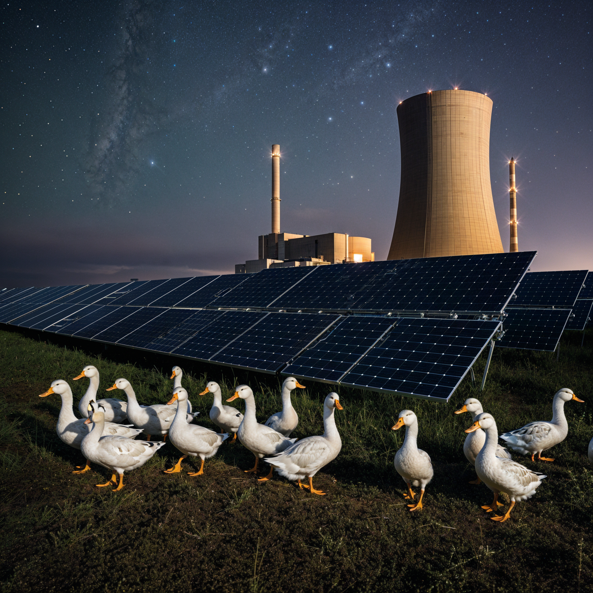 A flock of ducks walking in a field of solar panels with a nuclear power plant on the background at night with starry skies