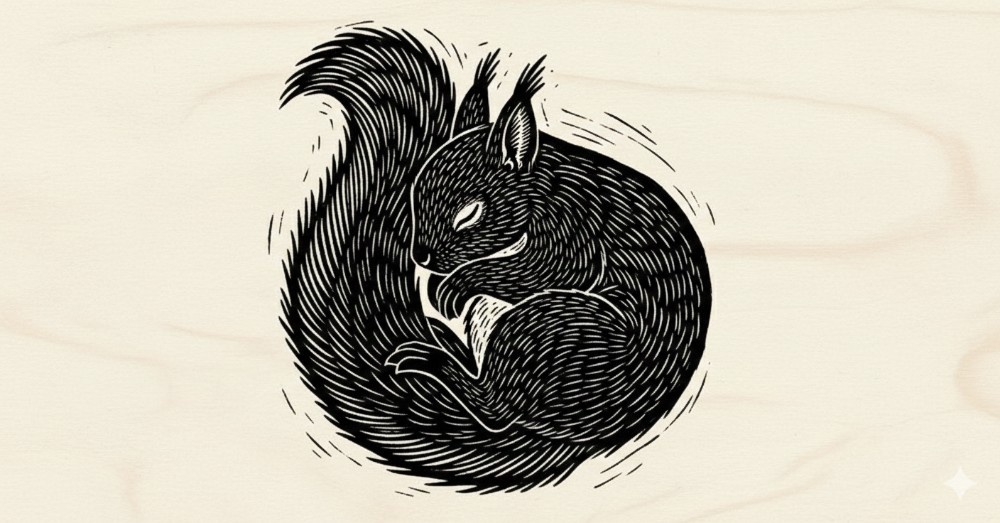 A squirrel sleeping curled up in a ball, woodblock print style image