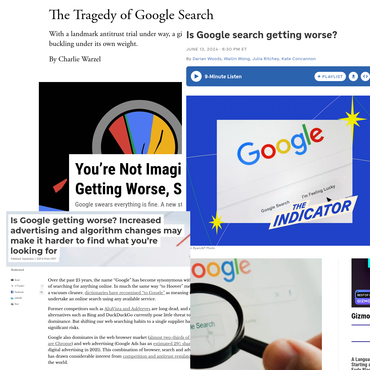 screenshots of articles about google getting worse